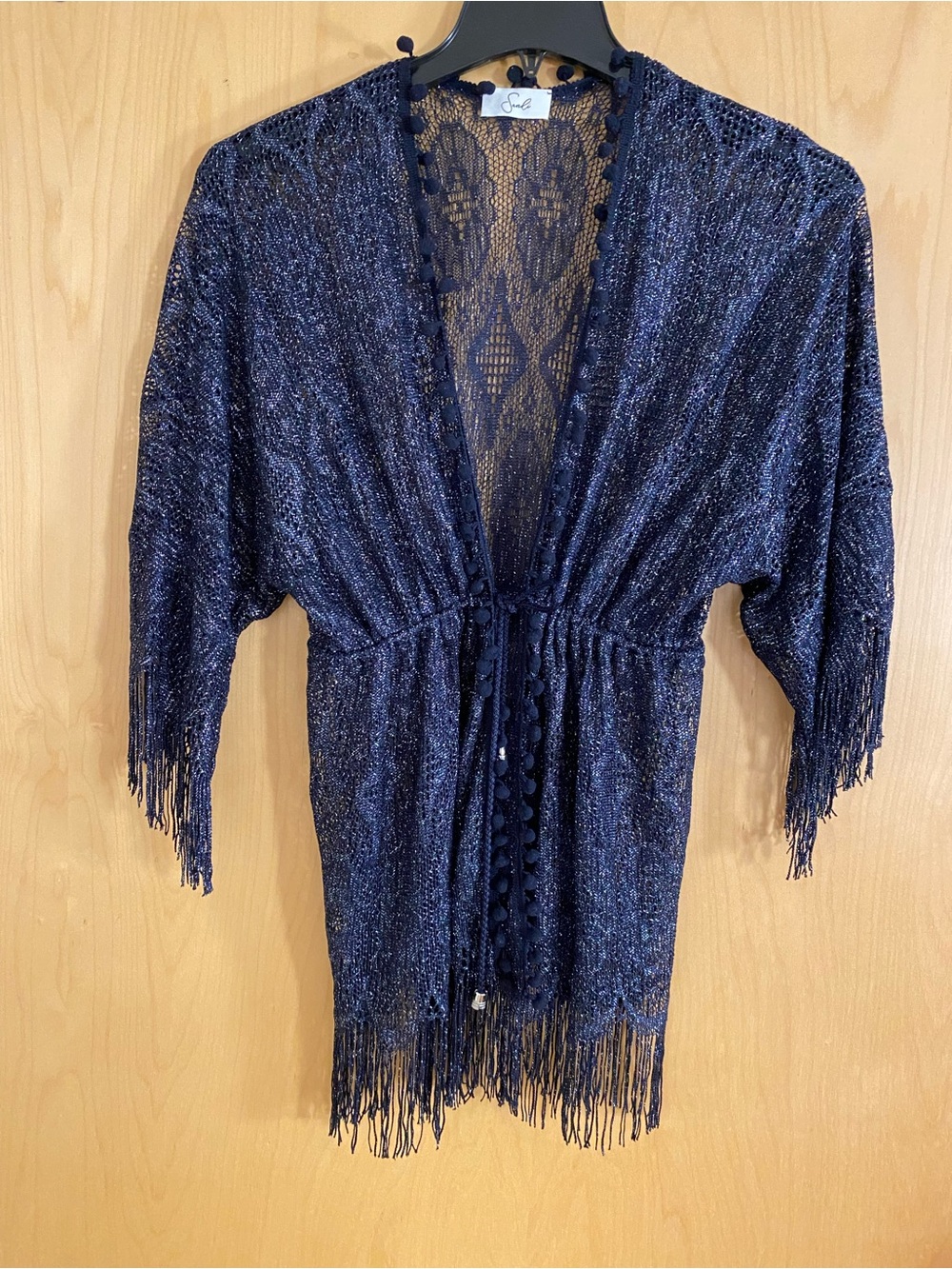 Navy Metallic Fringe Kimono Cardigan